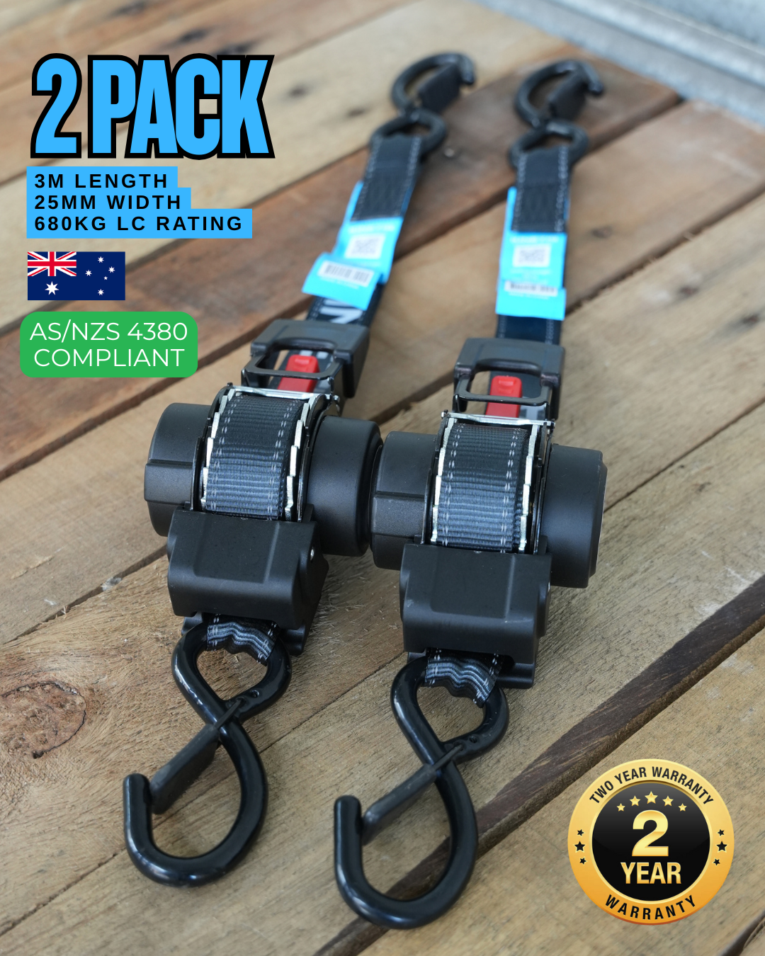 (Set of 2)- KINETIQ Automatic Retractable Ratchet Strap - 3m Length (25mm Width)