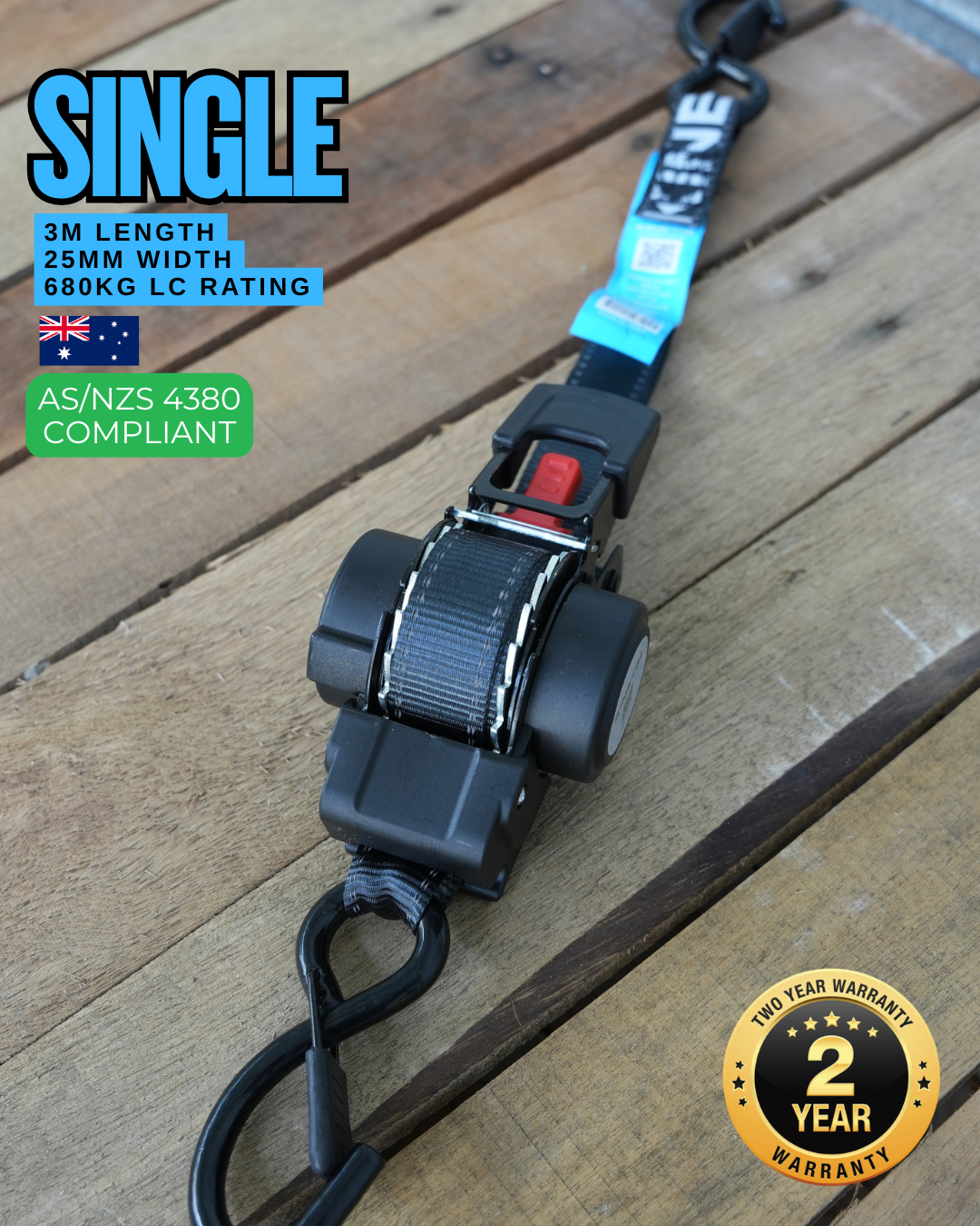 KINETIQ Automatic Retractable Ratchet Strap - 3m Length (25mm Width)