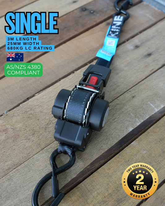 KINETIQ Automatic Retractable Ratchet Strap - 3m Length (25mm Width)