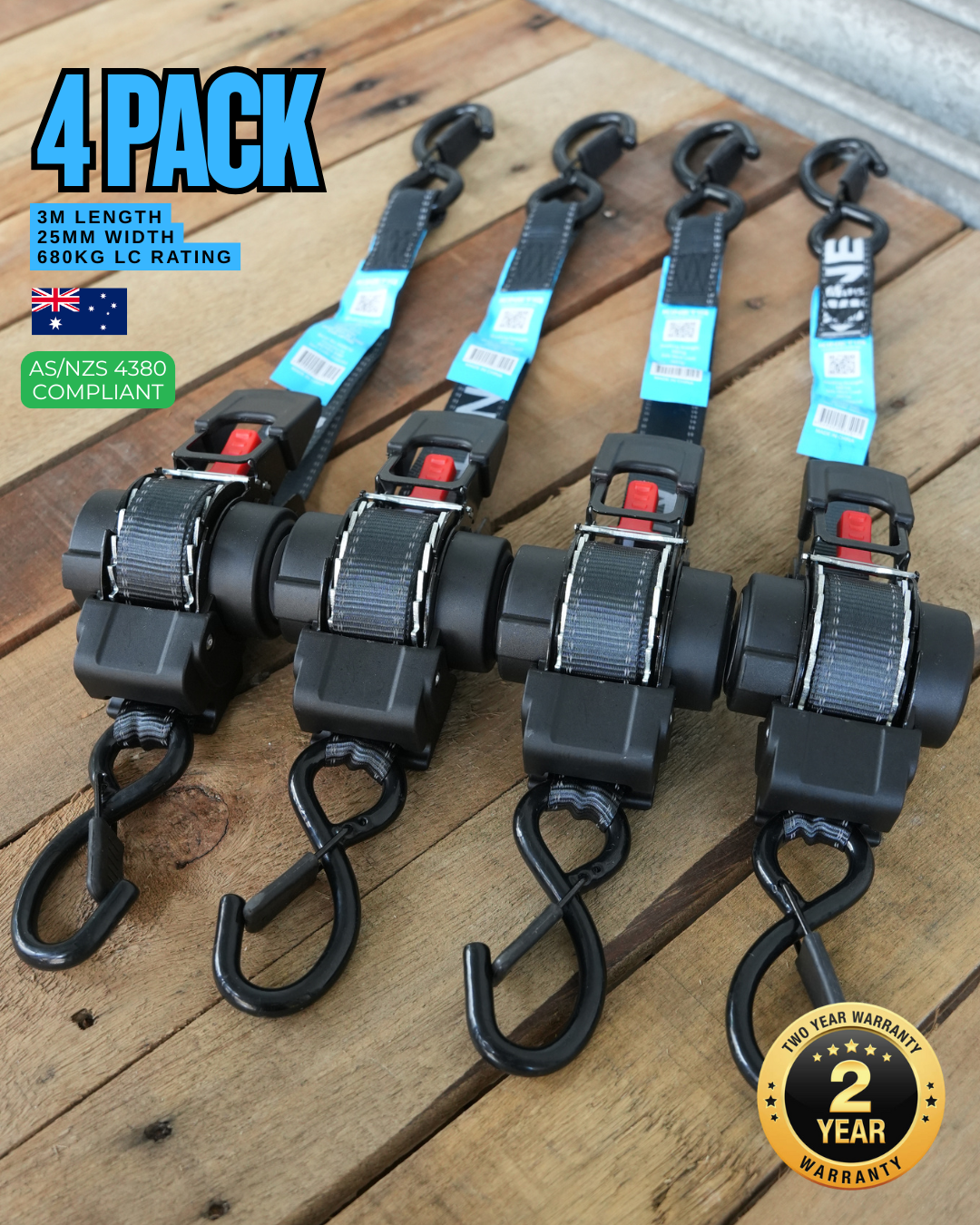 (Set of 4)- KINETIQ Automatic Retractable Ratchet Strap - 3m Length (25mm Width)