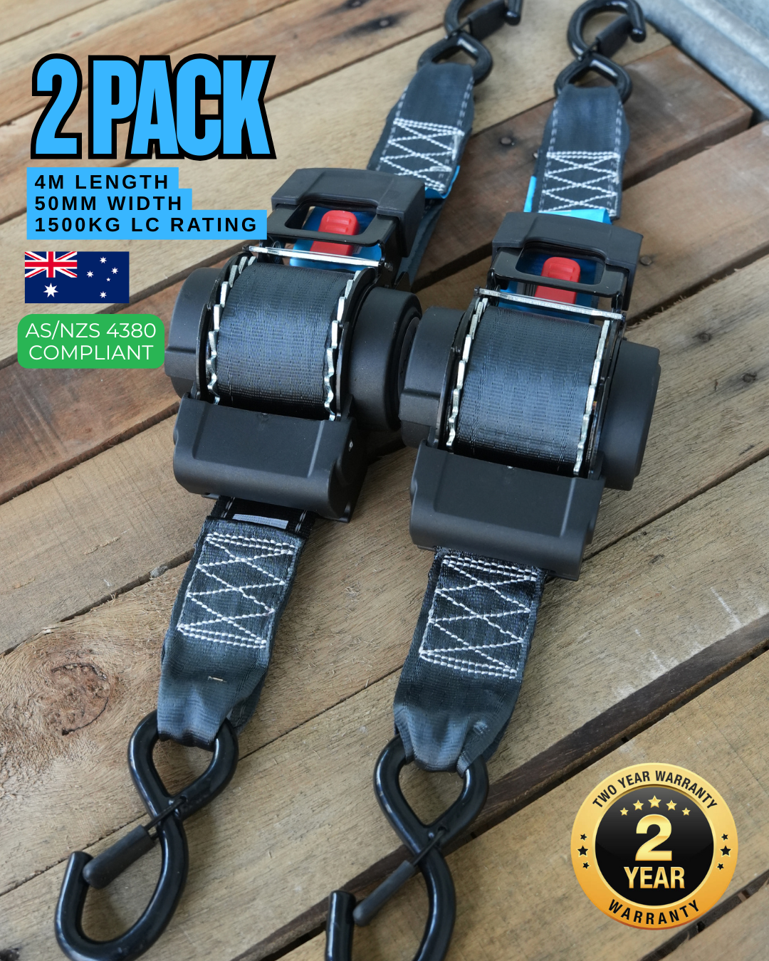 (Set of 2)- KINETIQ Automatic Retractable Ratchet Strap - 4m Length (50mm Width)