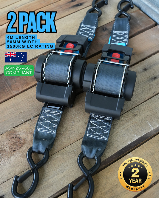 (Set of 2)- KINETIQ Automatic Retractable Ratchet Strap - 4m Length (50mm Width)