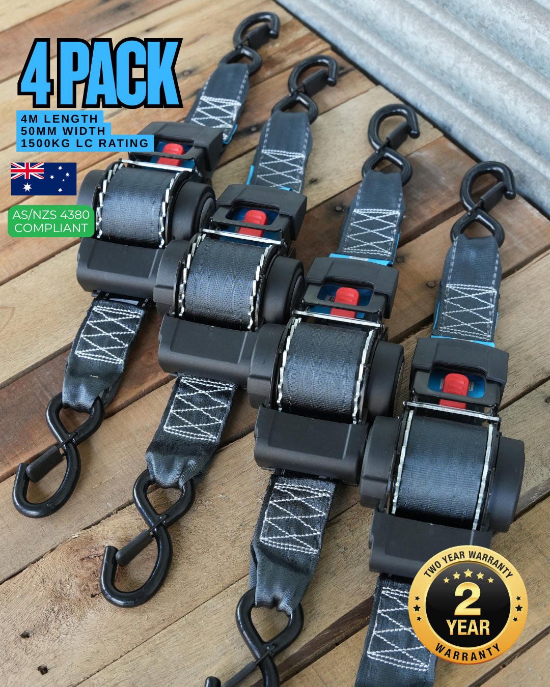 (Set of 4)- KINETIQ Automatic Retractable Ratchet Strap - 4m Length (50mm Width)