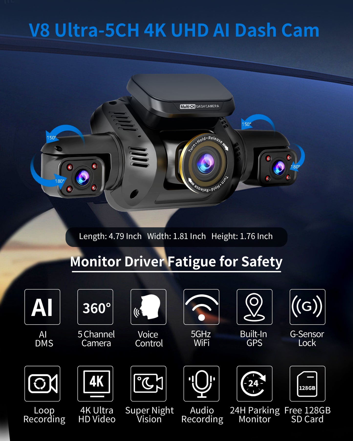 KINETIQ 360° View 5 Channel Dash Cam Front and Rear with AI Driver Monitor System DMS, 4K Dash Camera for Cars, Built-in GPS WiFi Night Vision, Dashcam with 64G Card, 24/7 Parking Monitor Mode
