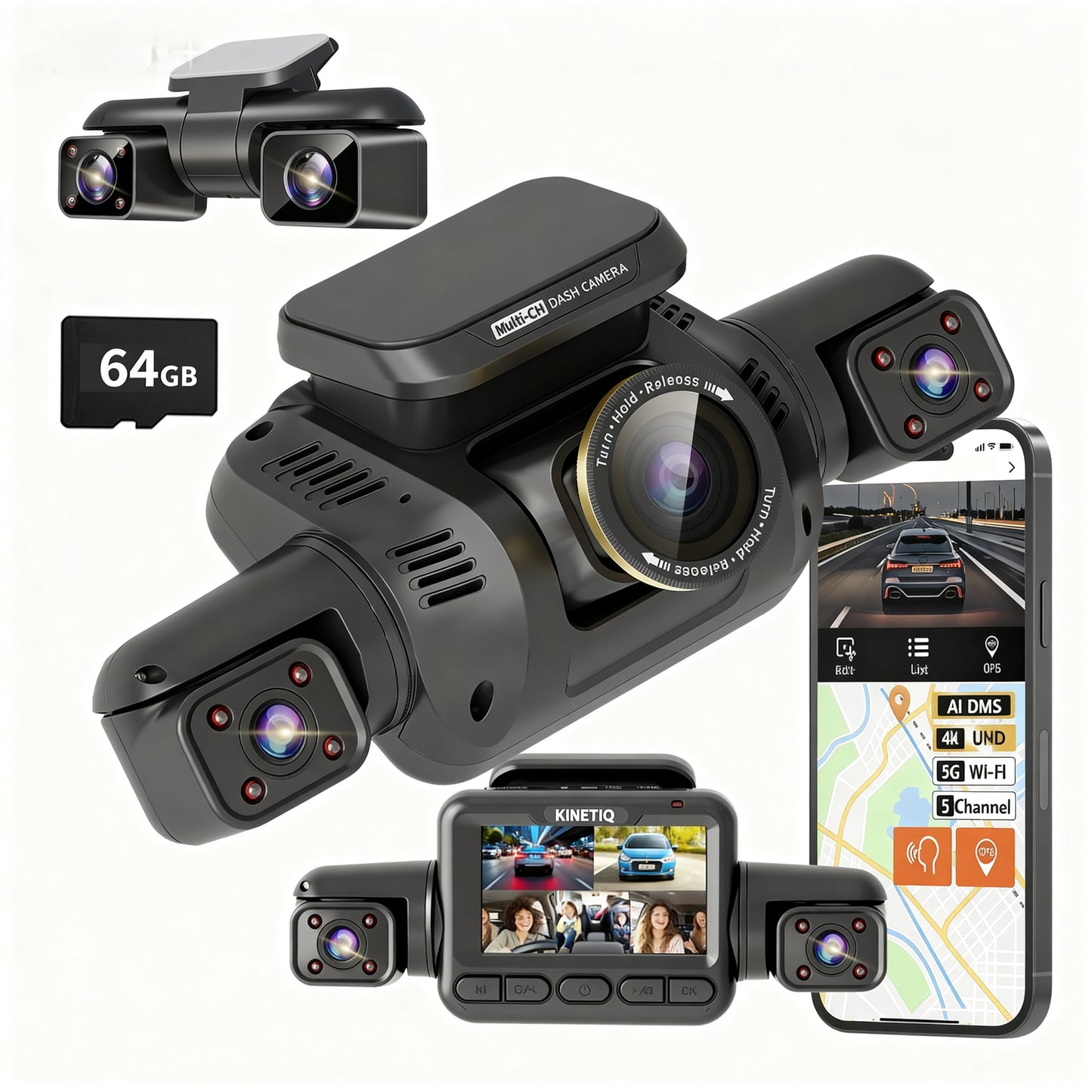 KINETIQ 360° View 5 Channel Dash Cam Front and Rear with AI Driver Monitor System DMS, 4K Dash Camera for Cars, Built-in GPS WiFi Night Vision, Dashcam with 64G Card, 24/7 Parking Monitor Mode