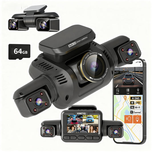 KINETIQ 360° View 5 Channel Dash Cam Front and Rear with AI Driver Monitor System DMS, 4K Dash Camera for Cars, Built-in GPS WiFi Night Vision, Dashcam with 64G Card, 24/7 Parking Monitor Mode