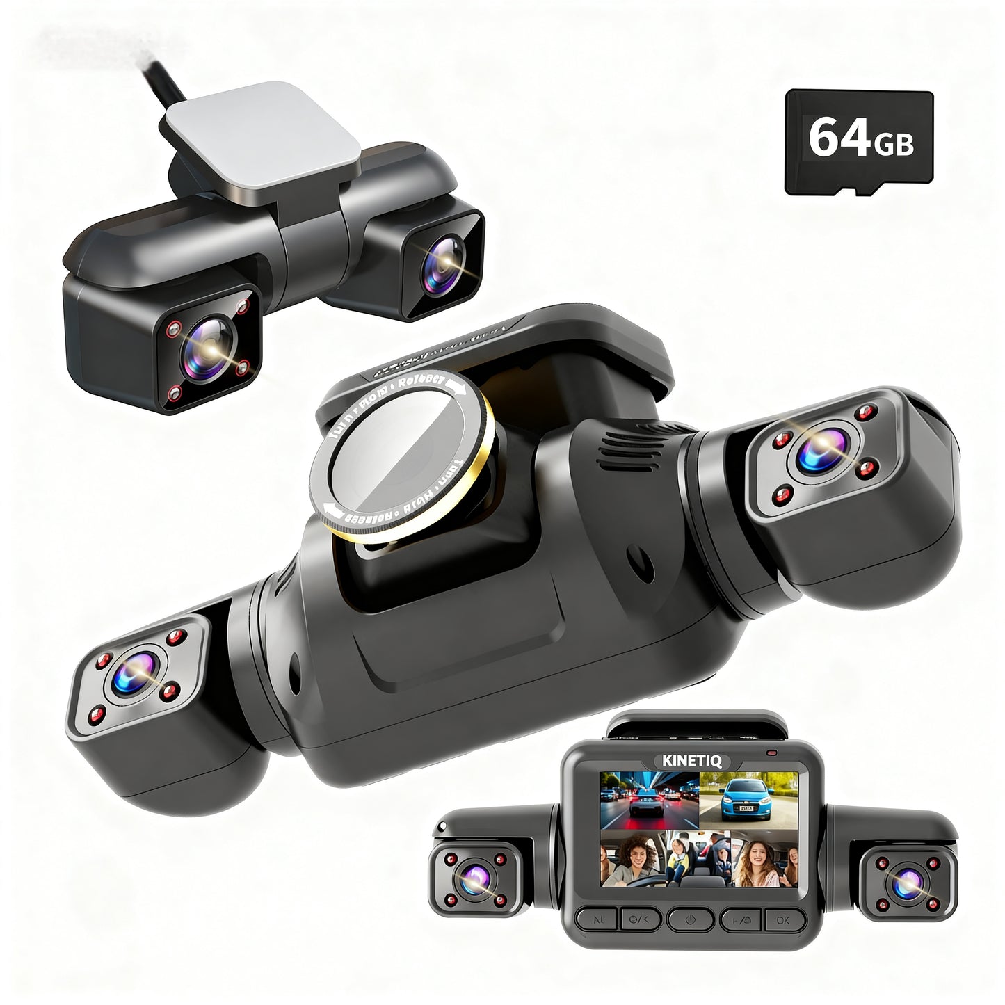 KINETIQ 360° View 5 Channel Dash Cam Front and Rear with AI Driver Monitor System DMS, 4K Dash Camera for Cars, Built-in GPS WiFi Night Vision, Dashcam with 64G Card, 24/7 Parking Monitor Mode