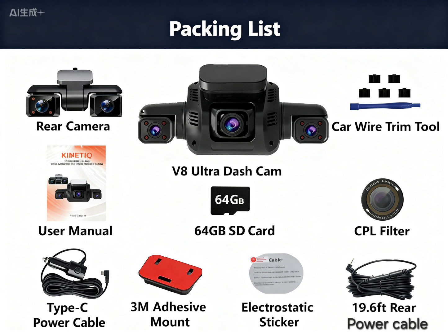 KINETIQ 360° View 5 Channel Dash Cam Front and Rear with AI Driver Monitor System DMS, 4K Dash Camera for Cars, Built-in GPS WiFi Night Vision, Dashcam with 64G Card, 24/7 Parking Monitor Mode