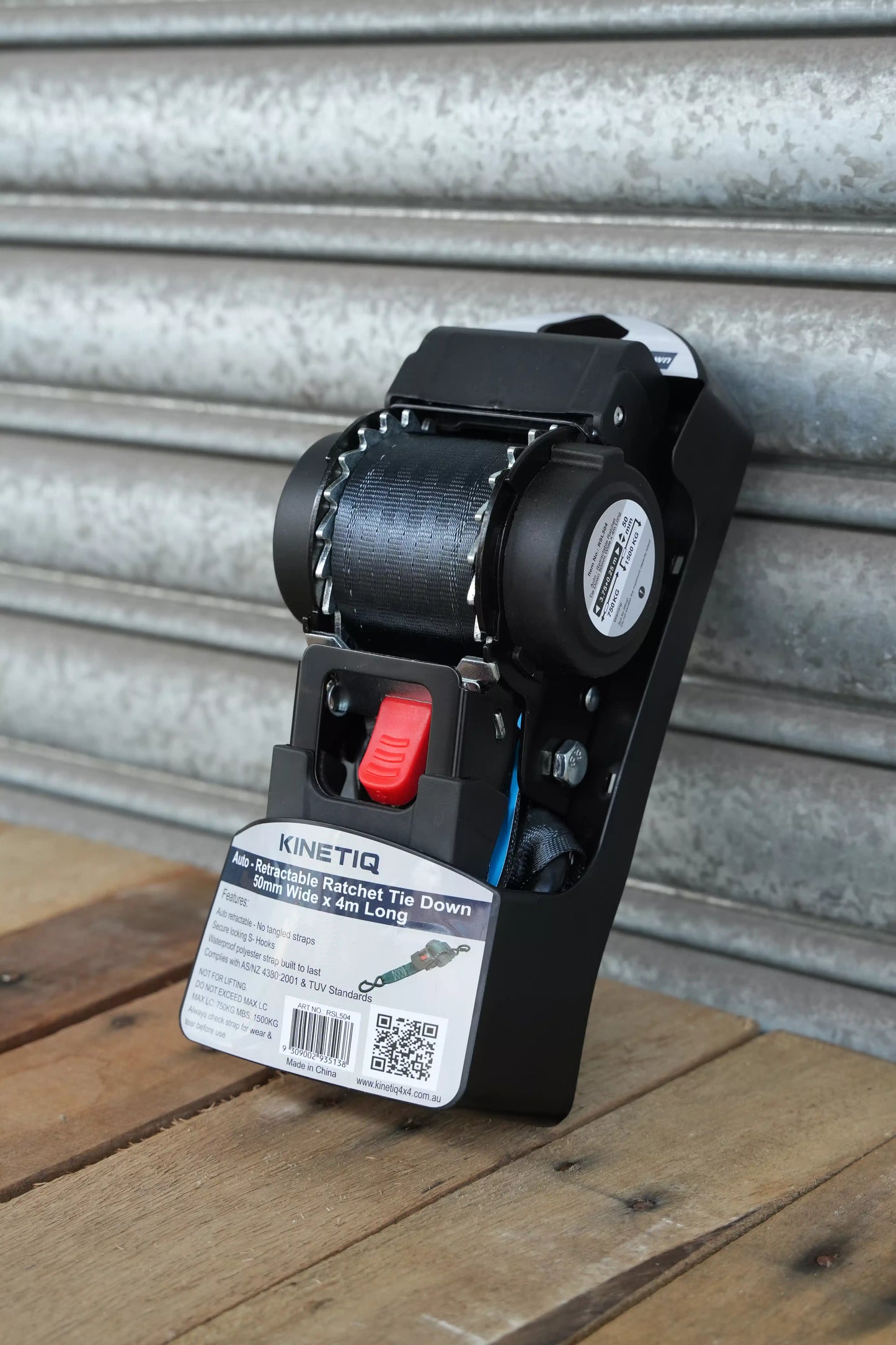 KINETIQ Automatic Retractable Ratchet Strap, 4m long and 50mm wide, with a black and orange ratchet mechanism and durable strap.