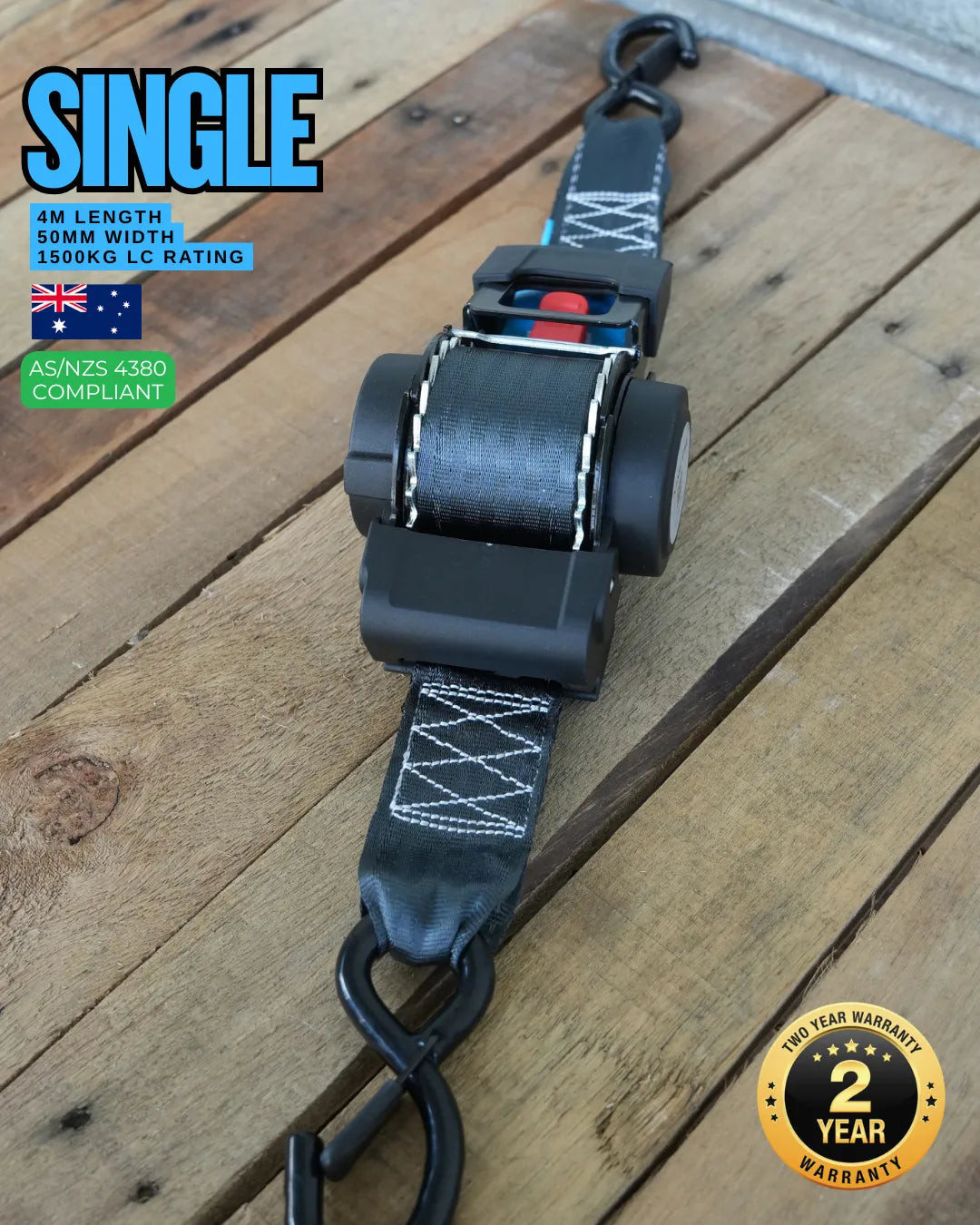 KINETIQ Automatic Retractable Ratchet Strap, 4m long and 50mm wide, with a black and orange ratchet mechanism and durable strap.