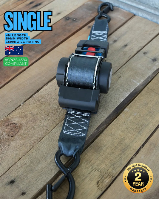 KINETIQ Automatic Retractable Ratchet Strap, 4m long and 50mm wide, with a black and orange ratchet mechanism and durable strap.